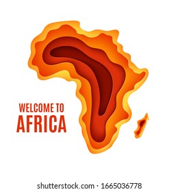 Welcome to Africa poster. African landscape in paper cut style. Layered silhouette of map of Africa and Madagascar in orange color. Vector Africa day card. Creative origami concept.