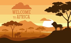 Welcome To Africa. Sunset African Landscape With Wild Animals