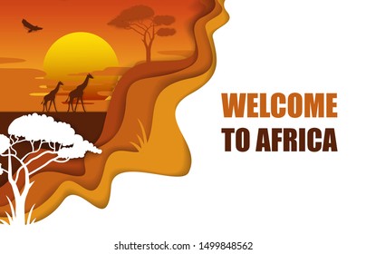 Welcome to Africa travel poster template, vector illustration in paper art style. African landscape, Safari park scene with giraffe silhouettes for web banner, website page etc.