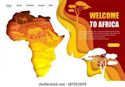 Welcome to Africa vector website template, landing page design for website and mobile site development. Paper cut Africa map with african landscape, wild animals silhouettes inside. Travel concept.