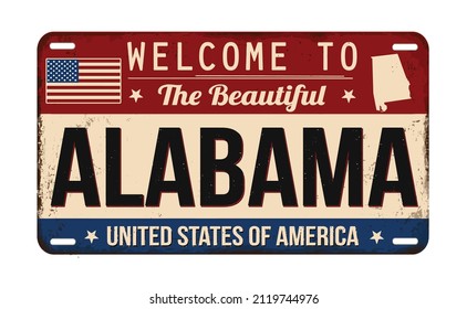 Welcome to Alabama vintage rusty license plate on a white background, vector illustration