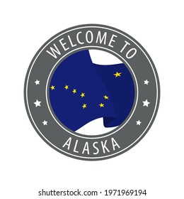 Welcome to Alaska. Gray stamp with a waving state flag. Collection of welcome icons.