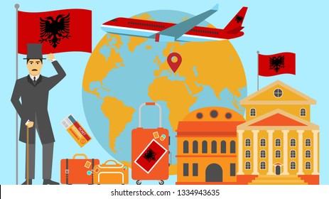Welcome to Albania postcard. Travel and safari concept of Europe world map vector illustration with national flag