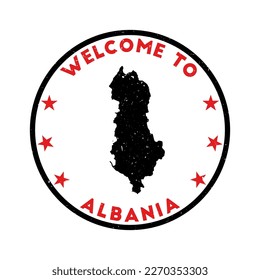 Welcome to Albania stamp. Grunge country round stamp with texture in Lust color theme. Vintage style geometric Albania seal. Artistic vector illustration.