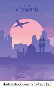 Welcome to Alexandria, Egypt. Gradient city poster, card with shapes of skyline, waterfront and airplane. Cool travel vector illustration, print, graphic