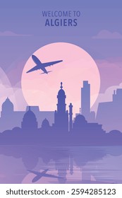 Welcome to Algiers, Algeria. Gradient city poster, card with shapes of skyline, waterfront and airplane. Cool travel vector illustration, print, graphic