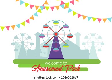 Welcome to amusement park. Amusement park landscape in flat style.  Vector illustration. Vector concept for web, apps