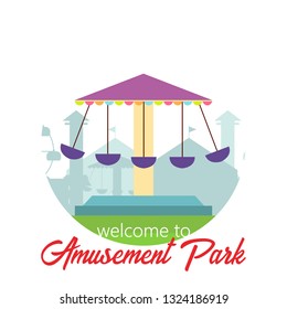 Welcome to amusement park. Amusement park landscape in flat style. Vector illustration. Vector concept for web, apps