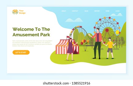 Welcome to amusement park vector, man with kids having fun. Family standing by ferris wheel, and stripped tent, balloons and carousel. Website or webpage template, landing page flat style