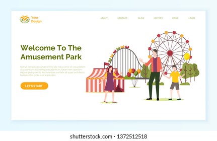 Welcome to amusement park webpage decorated by people standing near tent, ferris wheel and roller coaster, family walking outdoor near attraction vector