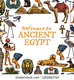 Welcome to ancient Egypt travel poster. Pharaohs, ankh and Ra god, Cleopatra head and sphinx, Great pyramids and camel, golden cross and stork, Tutankhamun and scarab