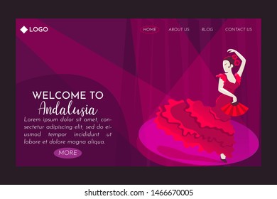 Welcome to Andalusia landing page. Flamenco female dancer on stage in spotlight.