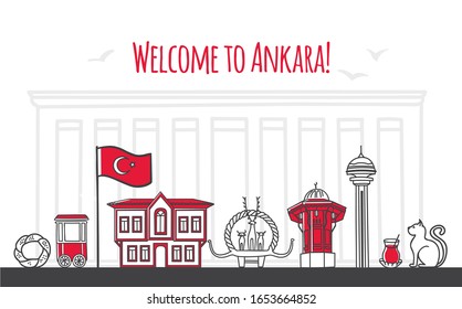 Welcome to Ankara. Modern vector illustration of famous symbols of the Turkish capital. Traditional wooden house, tower, Hittite monument. Travel to Turkey web banner and landing page design.