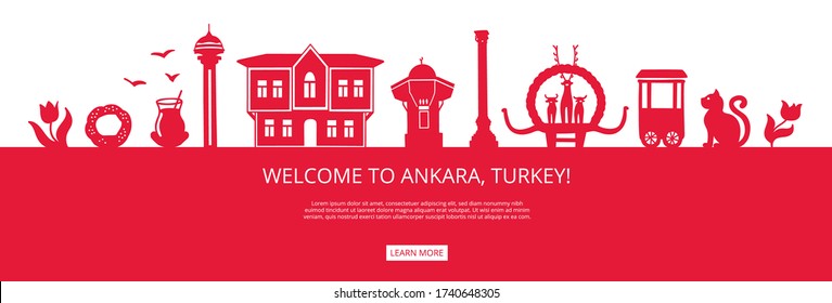 Welcome to Ankara, Turkey! Red city silhouette with famous Turkish landmarks. City skyline with landmarks of Ankara. Travel to Turkey concept design. Horizontal landing page design for a website.