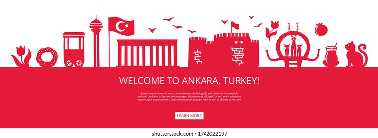 Welcome to Ankara, Turkey! Red city silhouette and famous Turkish landmarks. City skyline with symbols of Ankara. Travel to Turkey concept design. Horizontal banner design for a web page.