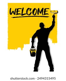 Welcome announcement on painted wallю Painter man painting wall with roller brush. Vector template for you text on transparent background