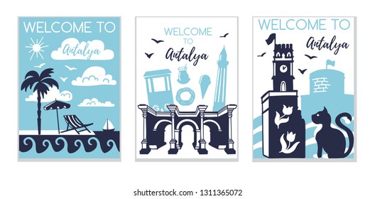 Welcome To Antalya. Travel To Turkey Concept. Set Of Three Vector Illustrations With Silhouette Symbols Of Antalya In Modern Flat Style. Card, Poster, Flier, Print Design For Travel Promotion.