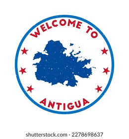Welcome to Antigua stamp. Grunge island round stamp with texture in Super Rose Red color theme. Vintage style geometric Antigua seal. Awesome vector illustration.