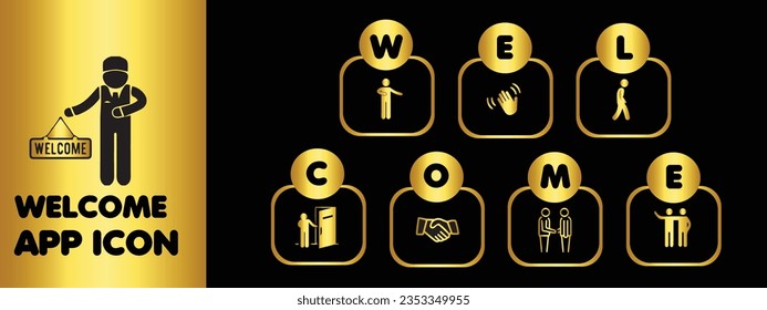Welcome app icon set design with golden gradient color and black background