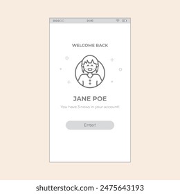 Welcome App screen design with character illustration, texts and button. Vector mobile wireframe editable design for mobile and real user interface graphic details ready for ux and ui projects.