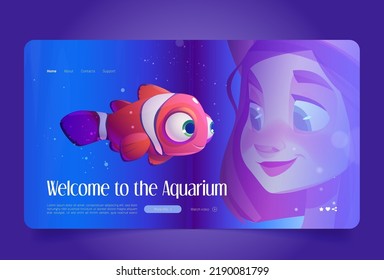 Welcome to aquarium cartoon landing page. Young girl look on clown fish swimming in blue water, oceanarium tour with tropical underwater animals, marine fauna habitats, vector illustration, web banner