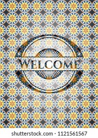 Welcome arabic badge background. Arabesque decoration.