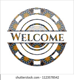 Welcome arabic badge background. Arabesque decoration.