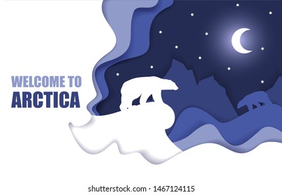 Welcome to Arctic travel poster template, vector illustration in paper art style. Arctic scene with night sky and polar bear silhouettes for web banner, website page etc.