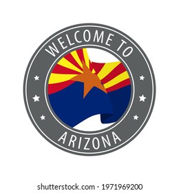 Welcome to Arizona. Gray stamp with a waving state flag. Collection of welcome icons.