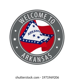 Welcome to Arkansas. Gray stamp with a waving state flag. Collection of welcome icons.