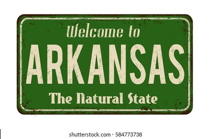 Welcome to Arkansas vintage rusty metal sign on a white background, vector illustration