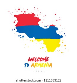 Welcome to Armenia. Asia. Flag and map of the country of Armenia from brush strokes.
Lettering. Vector illustration on white background.