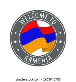 Welcome to Armenia. Gray stamp with a waving country flag. Collection of welcome icons.
