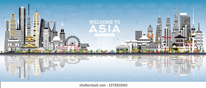 Welcome to Asia Skyline with Gray Buildings and Blue Sky. Vector Illustration. Tourism Concept with Historic Architecture. Asia Cityscape with Landmarks. Tokyo. Shanghai. Singapore. Delhi. Riyadh.