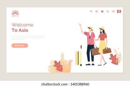 Welcome to Asia webpage, man and woman tourists going and holding bags, portrait and flat view of people together travel, vacation to state webpage vector