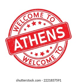 Bienvenido a ATENAS. Impresión de un sello redondo con una escoria. Estilo plano