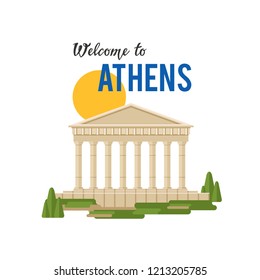 Welcome to Athens vector banner illustration with traditional Greek architecture. 