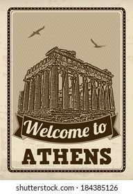 Welcome to Athens in vintage style poster, vector illustration