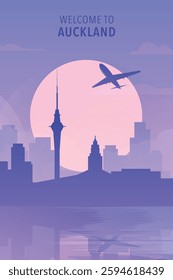 Welcome to Auckland, New Zealand. Gradient city poster, card with shapes of skyline, waterfront and airplane. Cool travel vector illustration, print, graphic