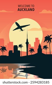 Welcome to Auckland, New Zealand. Retro city poster with abstract shapes of skyline, buildings, plane flying over shore. Vintage travel vector illustration