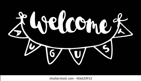 welcome august with flag on black background