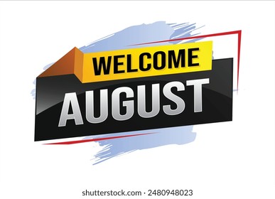 Willkommen August Word-Textkonzept-Symbol-Logo-Zeichen-Symbol-Vektorgrafik-Hinweis 3D-Stil für die Verwendung Zielseite, Vorlage, Social Media, Web, mobile App, Poster, Banner, Flyer, Hintergrund, Geschenkkarte, Coupon

