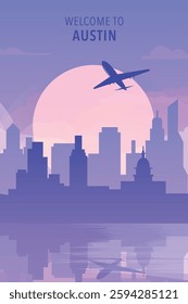 Welcome to Austin, Texas, USA. Gradient city poster, card with shapes of skyline, waterfront and airplane. America travel vector illustration, print, graphic