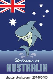 Welcome to Australia card illustration happy,silly looking shark,Australian flag in background 
