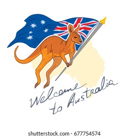 Welcome to Australia. Kangaroo with Australian Flag. Vector illustration