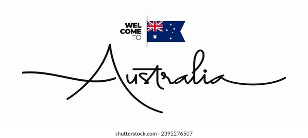 Bienvenido al texto moderno de caligrafía de Australia. manuscrito con bandera aislada en fondo blanco. Estilo de escritura de palabras, guión, dibujo de línea, firma, caligrafía, monolina. Ilustración vectorial