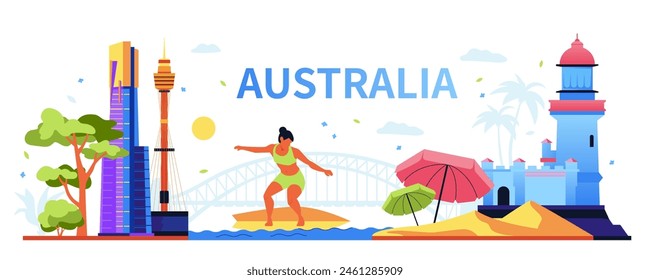 Welcome to Australia - modern colored vector illustration with Cape Byron, Sydney Tower Eye, skyscrapers and surfer girl catching a wave. Beach umbrellas on the sand, palm trees, summer rest idea