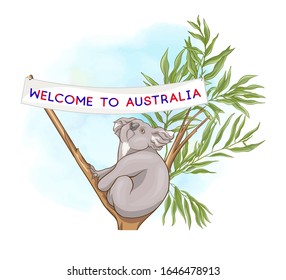 Welcome to Australia poster template with koala and eucalyptus. Colored vector illustration..