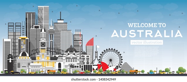 Welcome to Australia Skyline with Gray Buildings and Blue Sky. Vector Illustration. Tourism Concept with Historic Architecture. Australia Cityscape with Landmarks. Sydney. Melbourne. Canberra.
