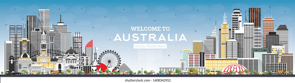 Welcome to Australia Skyline with Gray Buildings and Blue Sky. Vector Illustration. Tourism Concept with Historic Architecture. Australia Cityscape with Landmarks. Sydney. Melbourne. Canberra.